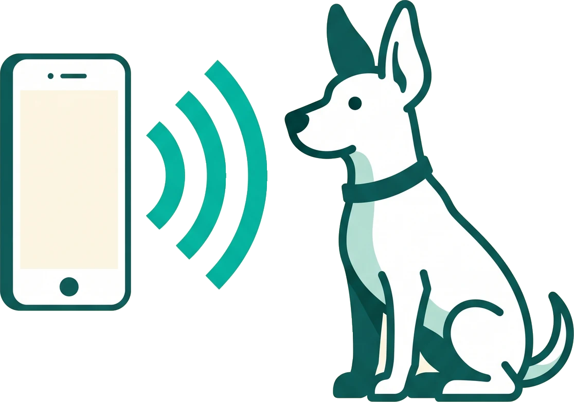 Line drawing of an iPhone sending sound waves toward a sitting white dog.