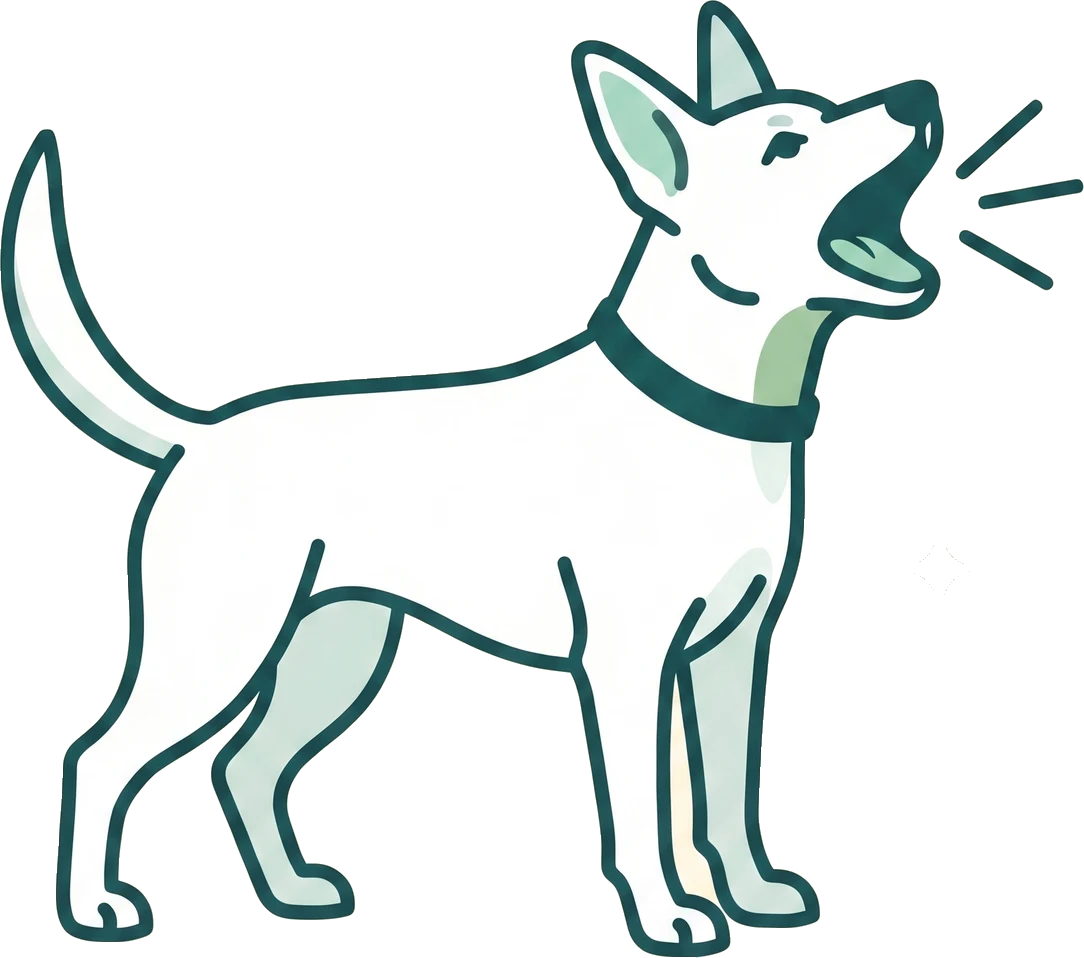 Line drawing of a white dog standing and barking.