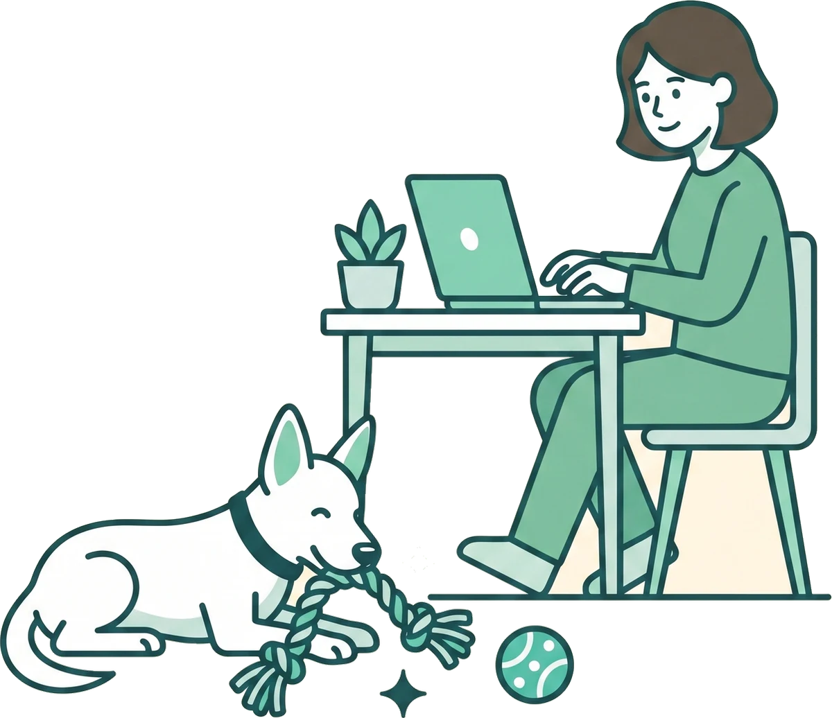 Line drawing of a person working at a desk while a white dog chews a rope toy on the floor.