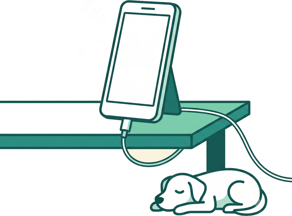 Line drawing of an iPhone standing on a table, plugged in, with a dog asleep underneath.