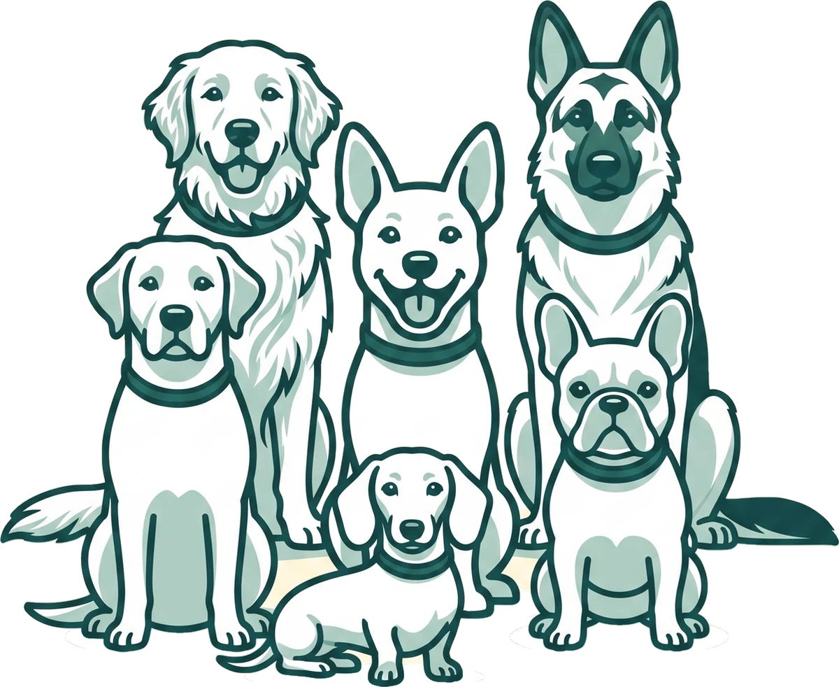 Line drawing of six dogs of different breeds sitting together.