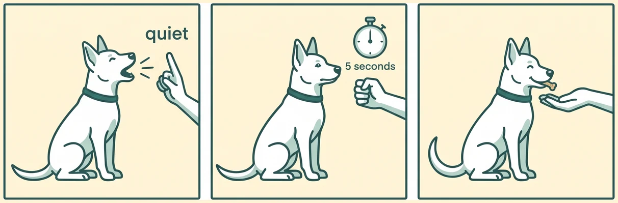 Three panels: the dog barking and a raised finger; the dog waiting under a stopwatch showing five seconds; the dog getting the treat.