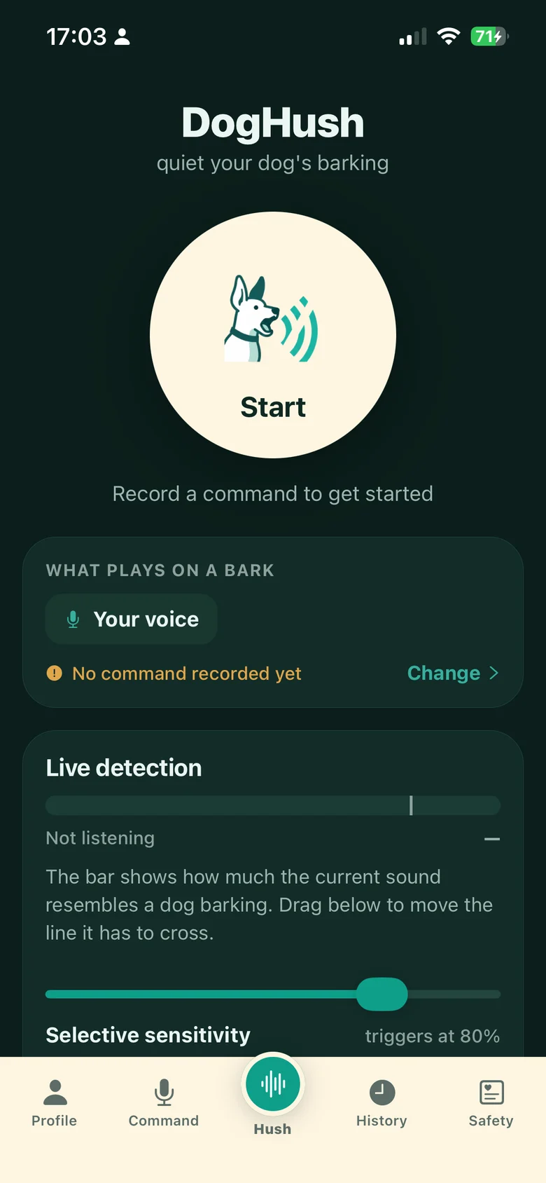 The DogHush listening screen on an iPhone, with the Start button and the live detection meter.